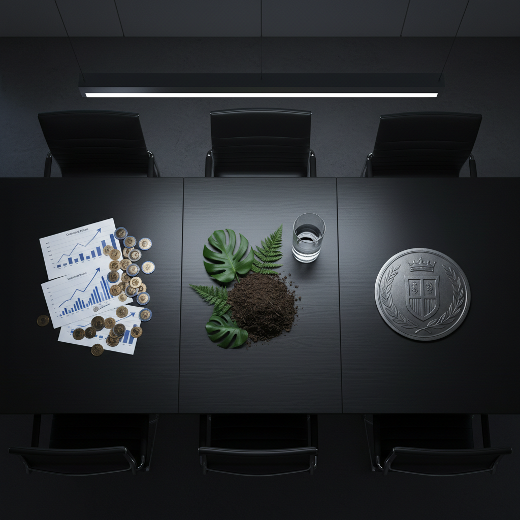 A minimalist conference table of matte black wood viewed from above, divided into three clearly defined zones: one covered with orderly financial charts and metallic currency tokens, another with textured samples of raw earth, green leaves, and clear water in a cylindrical glass, and the third with a finely engraved metal emblem of a stylized shield symbolizing sovereignty. The environment is a dim, refined strategy room with dark walls and a single linear pendant emitting cool, focused light, creating crisp geometric shadows on the tabletop. Photographic realism, with high-resolution textures and sharp focus across the frame, conveys precision and control. The atmosphere is intellectual, structured, and purposeful, echoing the triad of economy, real ecology, and sovereignty.