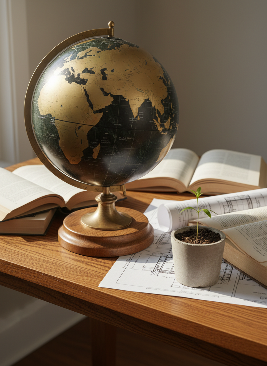 A meticulously detailed terrestrial globe carved from veined green marble and matte black basalt, continents inlaid with brushed brass, standing on a solid oak pedestal desk. Around it lie open hardcover books with cream pages, precise mechanical blueprints, and a single sprouting seedling in a small concrete pot. Soft, diffused morning light filters through an unseen window, grazing the globe’s surface and casting long, contemplative shadows across the desk. Captured from a slightly elevated three-quarter angle in photographic realism, the composition uses the rule of thirds to place the globe as the visual anchor. The mood is analytical yet hopeful, suggesting a sophisticated doctrine guiding the planet through economic, ecological, and sovereign challenges.